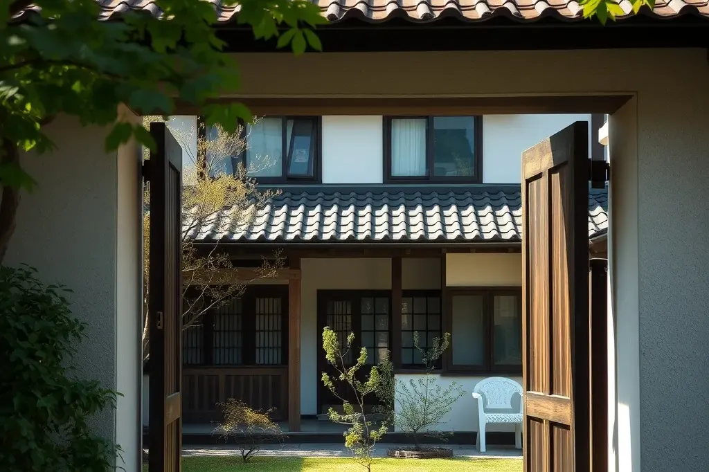 門から見た瓦屋根の実家（AIで作成したイメージ）