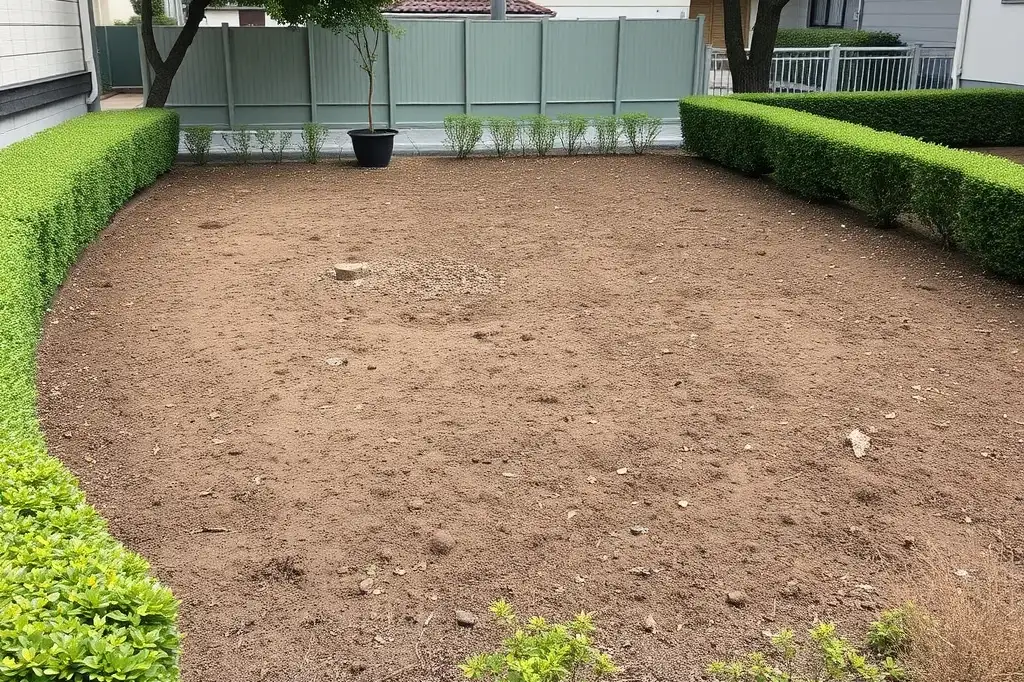 生け垣に囲まれた更地（AIで作成したイメージ）