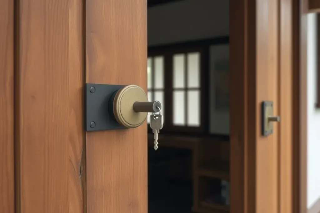 カギが差さった家の玄関ドア（AIで作成したイメージ）
