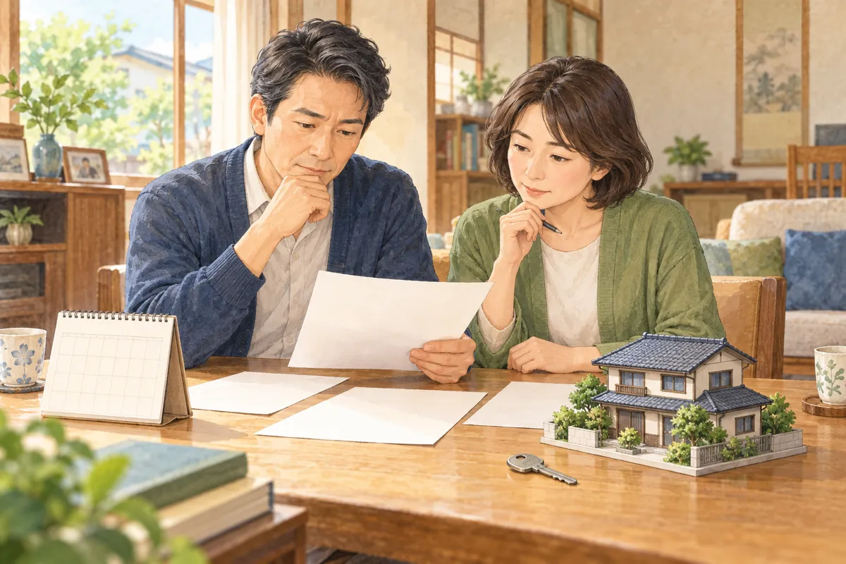 相続放棄を考えている実家｜売却・片付け・管理の前に確認したい期限と注意点を題材に描いたオリジナルイラスト