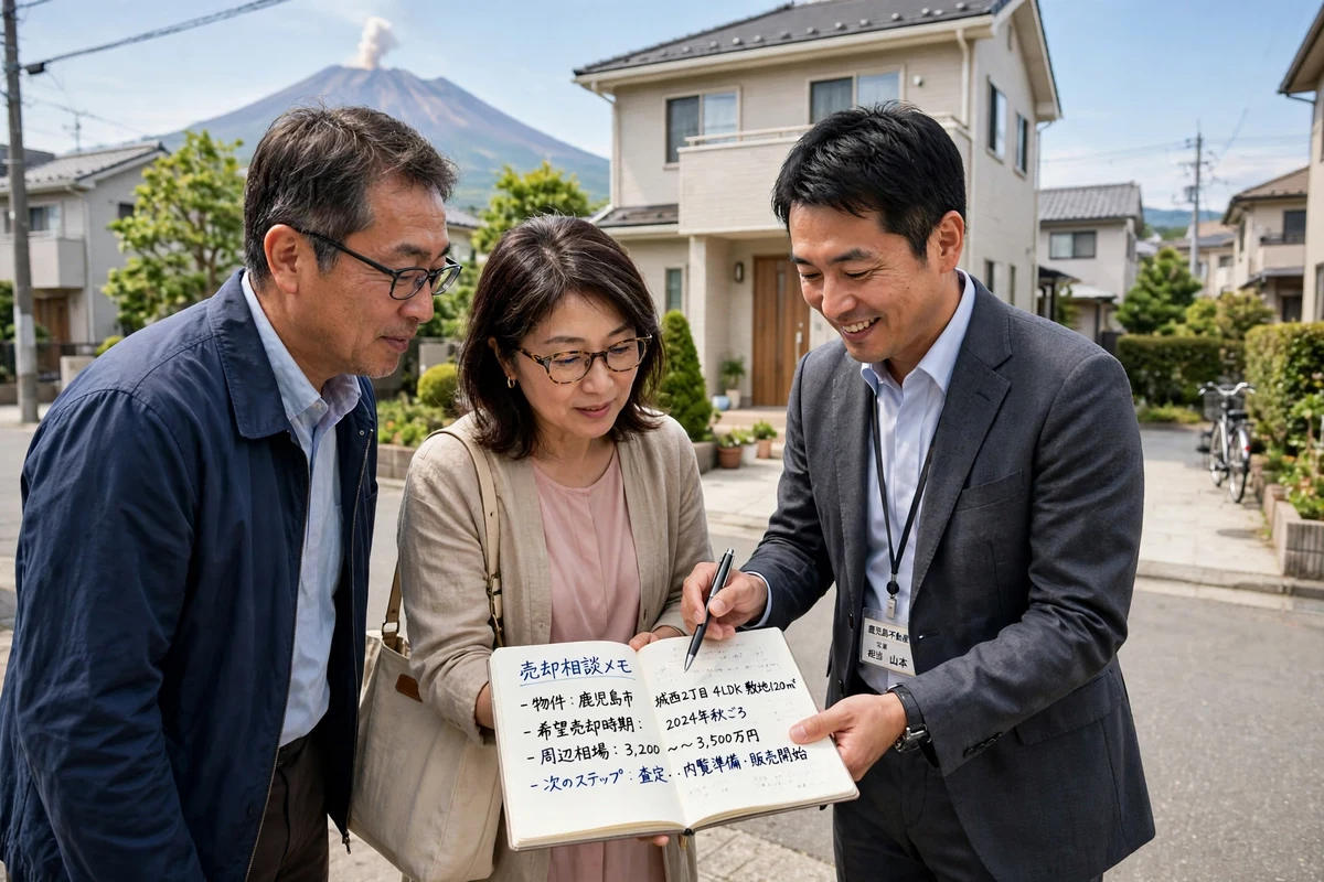 鹿児島市の住宅地で、売却の相談メモを見ながら話す家族と担当者