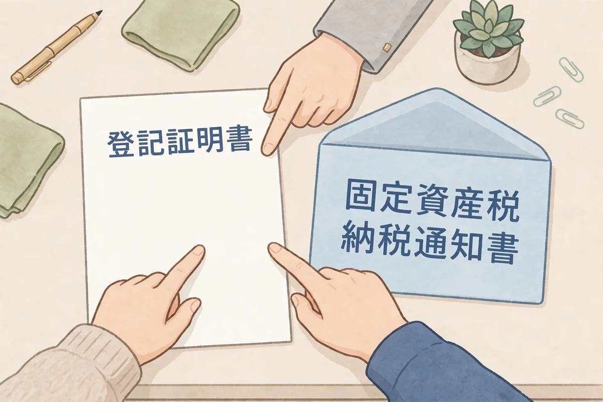 登記事項証明書や固定資産税の通知書を机に並べて確認する様子