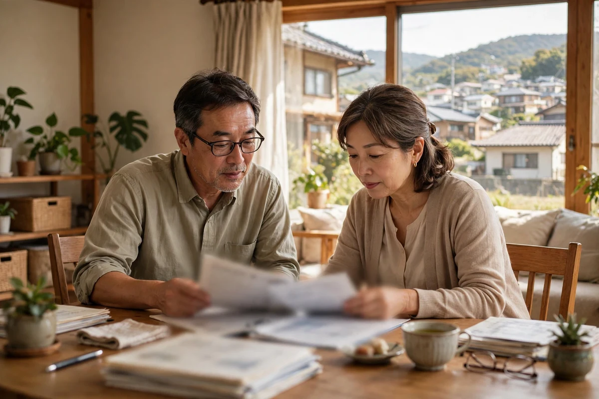 法務局の案内を見ながら実家の名義を確認する家族