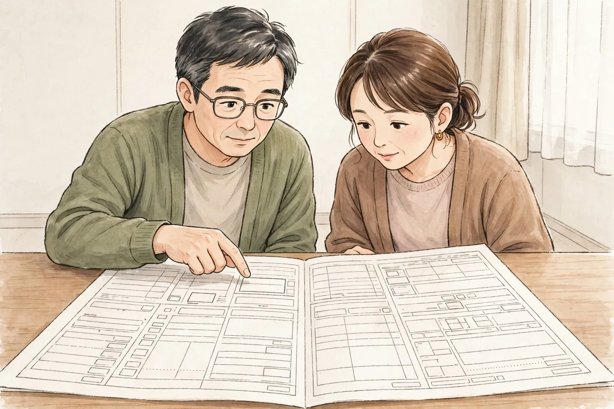 登記事項証明書を広げて名義人を確かめる家族