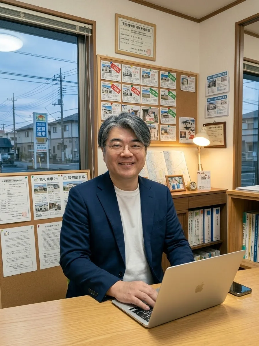 睦和商事の担当者 川畑卓也。事務所にて